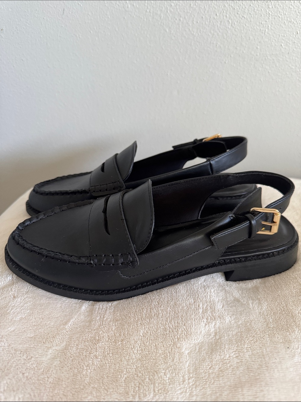Sonoma Black Leather Slingback Penny Loafers with Gold Buckle